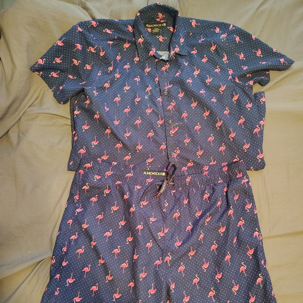 Men's Blue Flamingo Shirt And Short Set